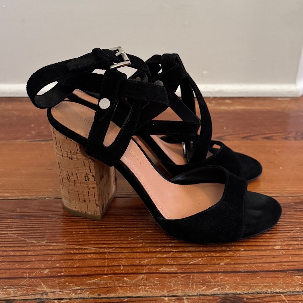 Sigerson Morrison Cork Block Heel Ankle Strap Black Suede Heels 7